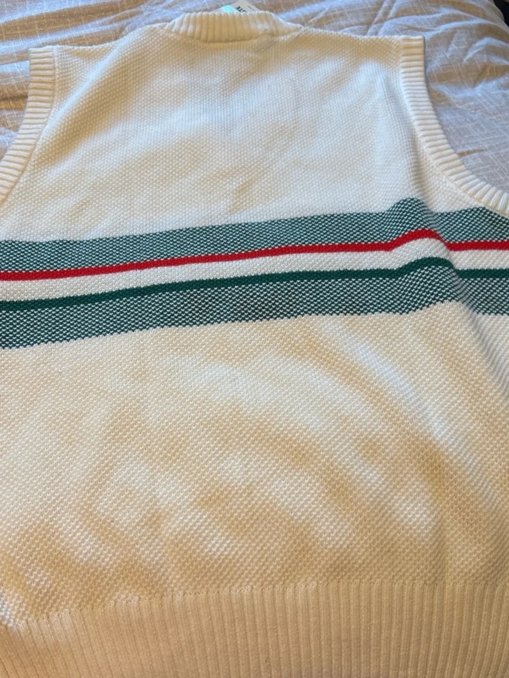 Lacoste White V-Neck Sleeveless Knit Vest with Green and Red Stripes